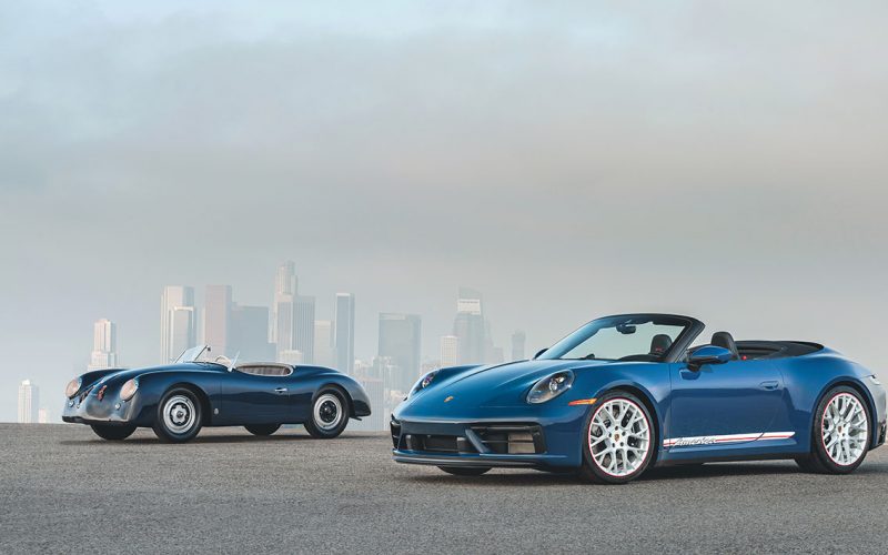 New 2023 Porsche 911 Carrera GTS Cabriolet America Edition positioned in front of the classic 1952 Porsche 356 America Roadster.