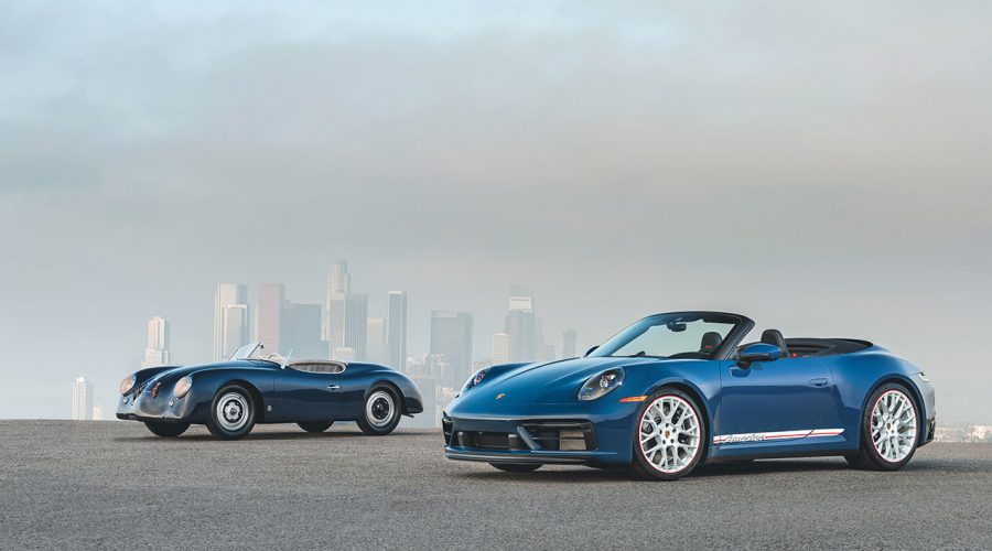 New 2023 Porsche 911 Carrera GTS Cabriolet America Edition positioned in front of the classic 1952 Porsche 356 America Roadster.